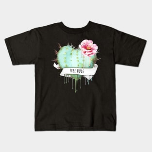 Cactus heart watercolor purple flower free hugs Kids T-Shirt